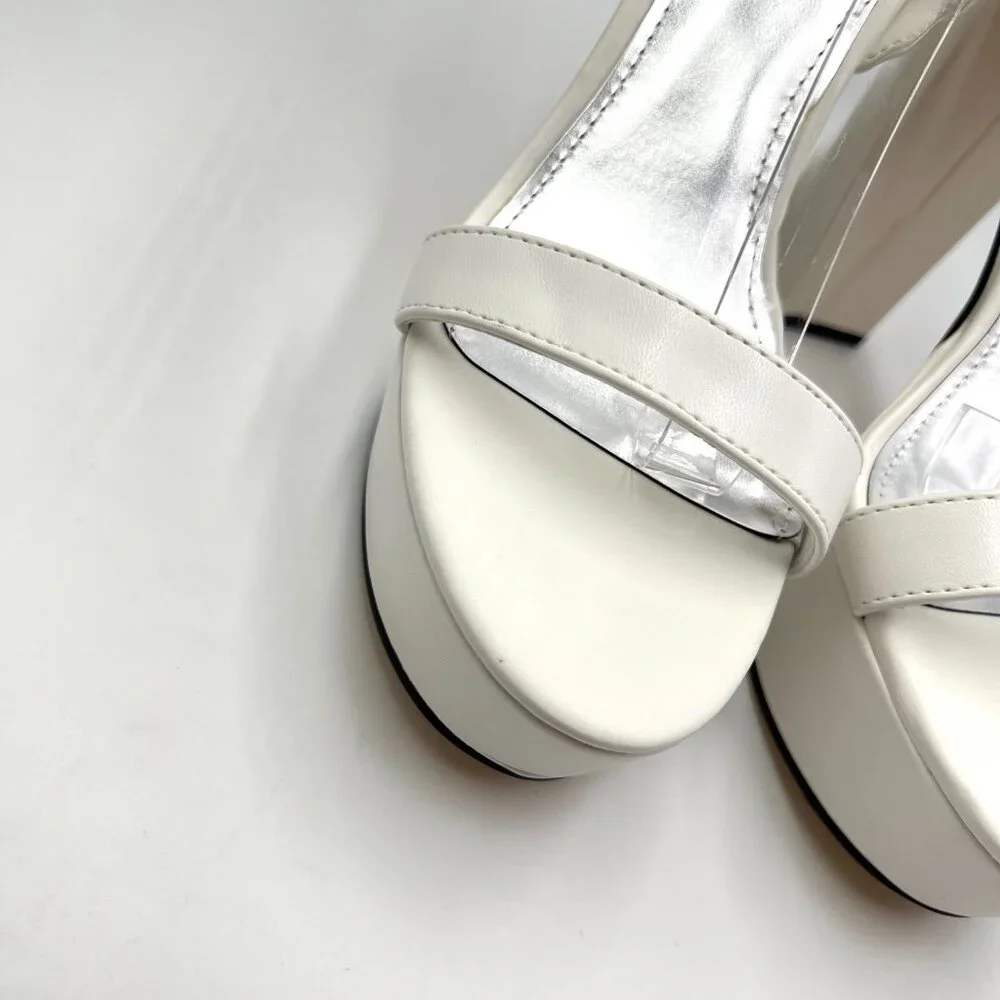 Nine West‎ Size 8.5 Uknow White Faux Vegan Leather Platform Sandals Heels Shoes